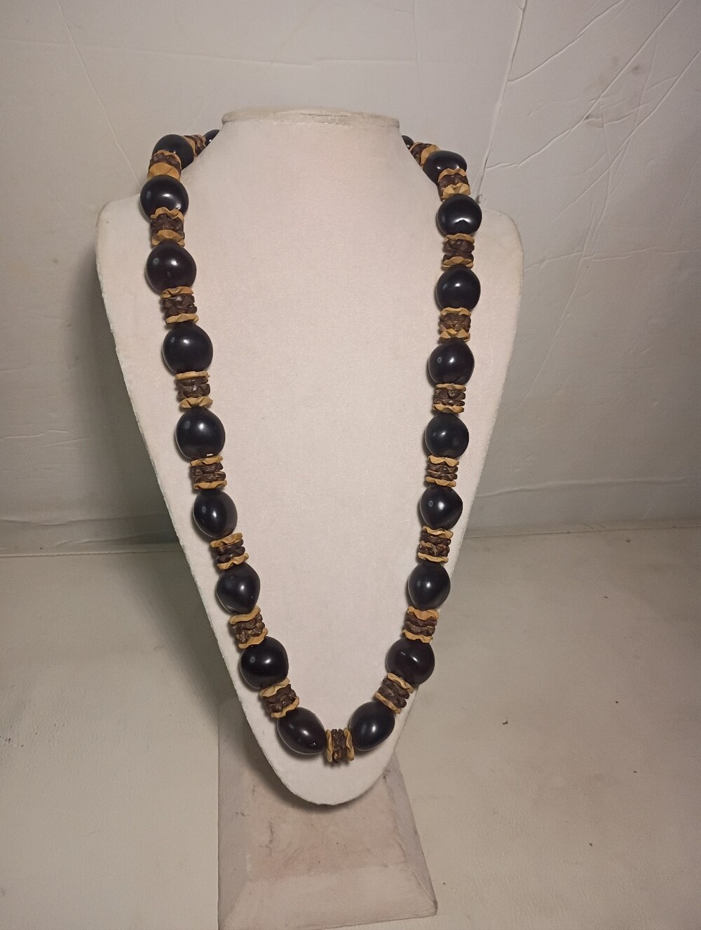 Vintage Polynesian Black Kukui Nut Bead Lei Necklace with Natural Wood Spacers